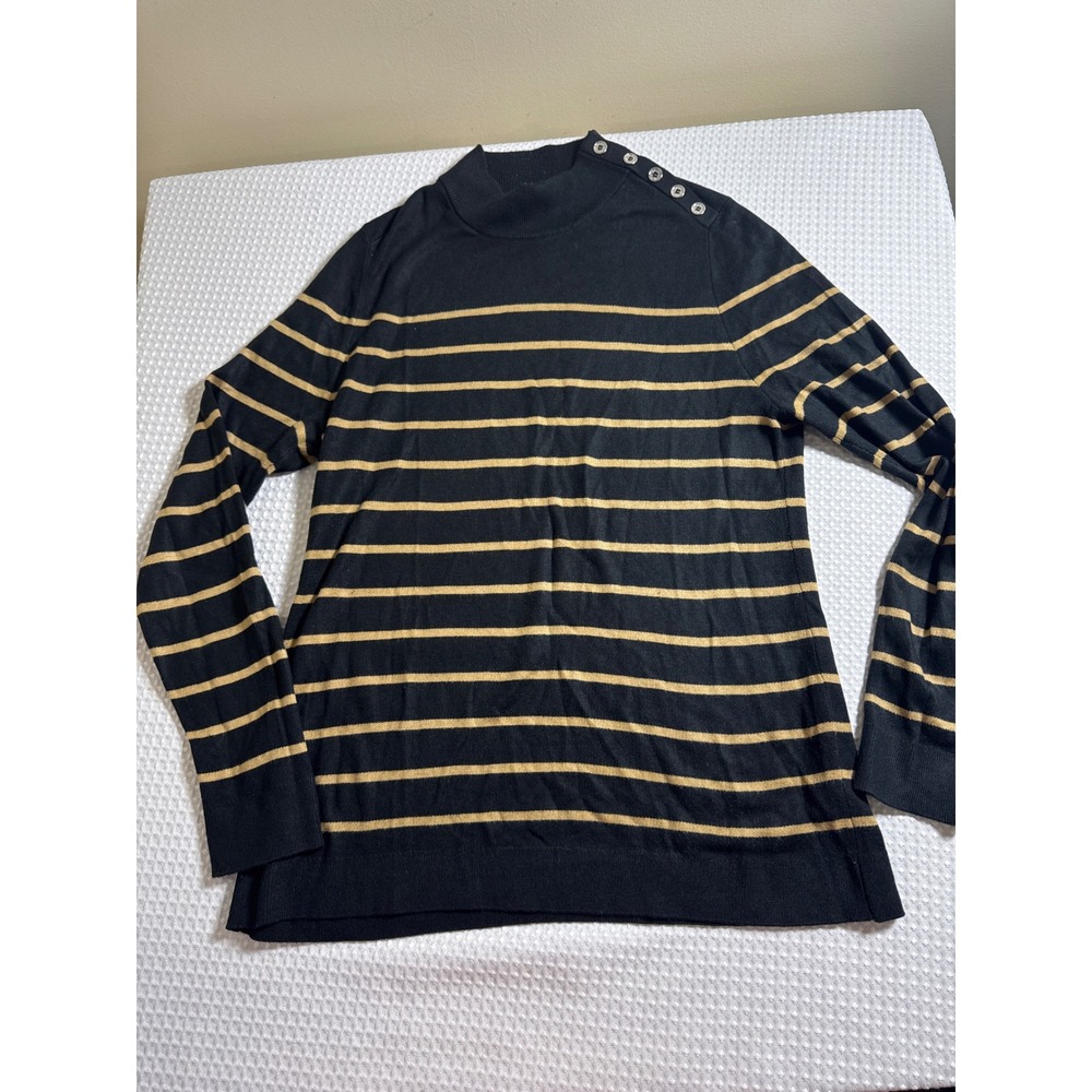 Calvin Klein Sweater Womens XL Mock Neck Black Gold Striped Button Shoulder EUC